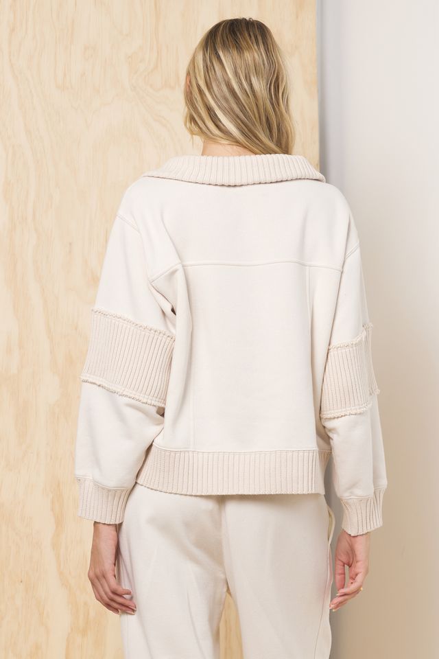 Fleece Quarter Zip w/ Rib Detail - Bone