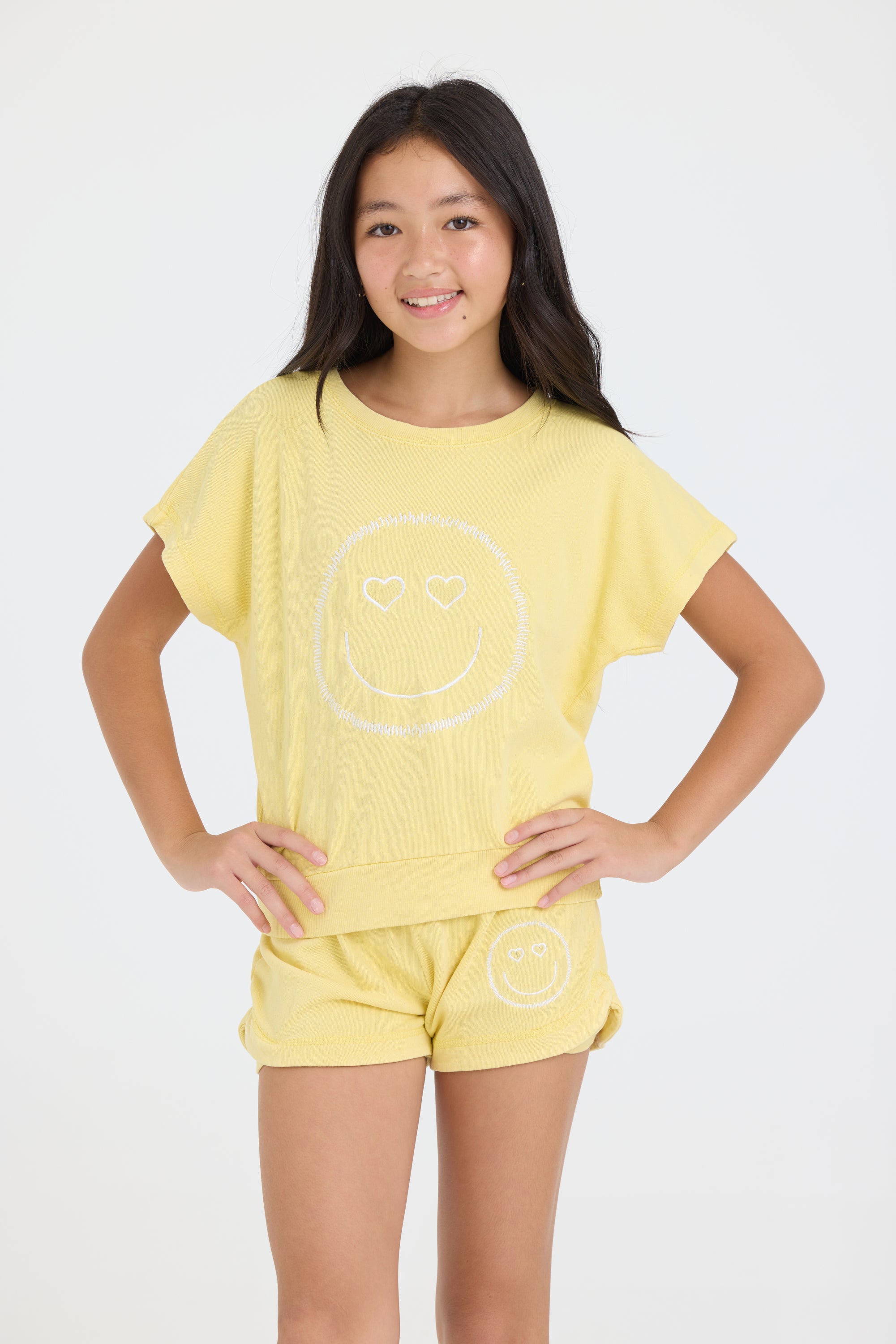 Kids Garment Dye Off Shoulder Top with Smile Embroidery