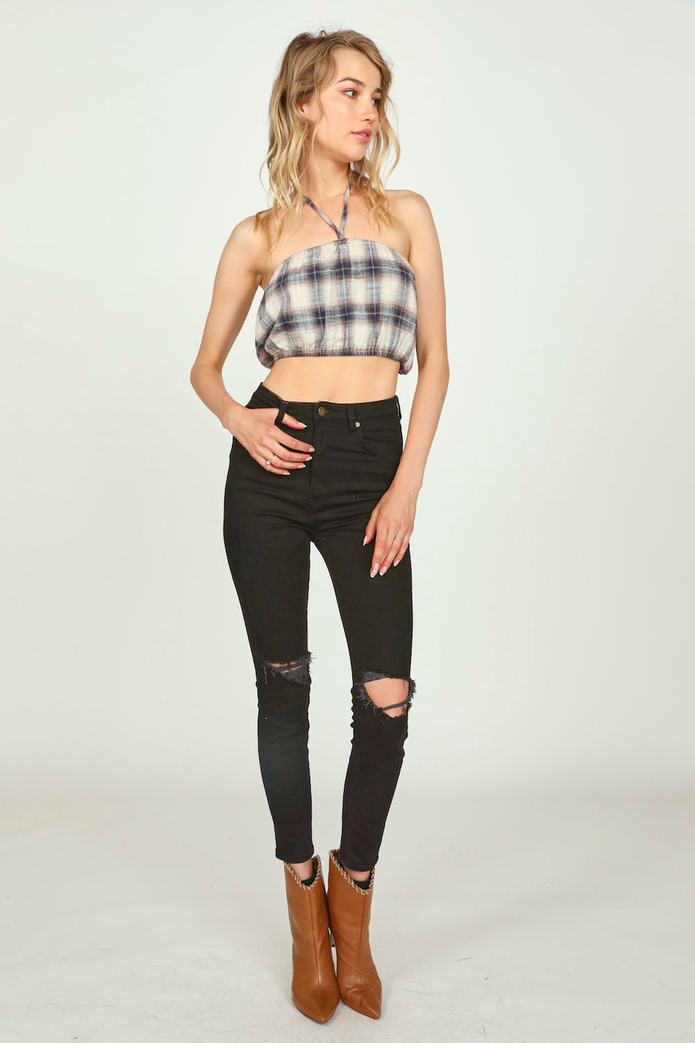 Sand/Navy Plaid Flannel Halter Bandeau