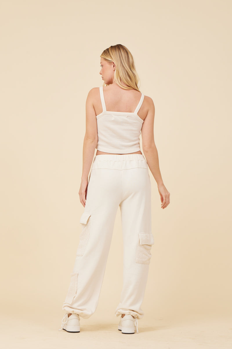Champagne White French Terry Mesh Cargo Pant
