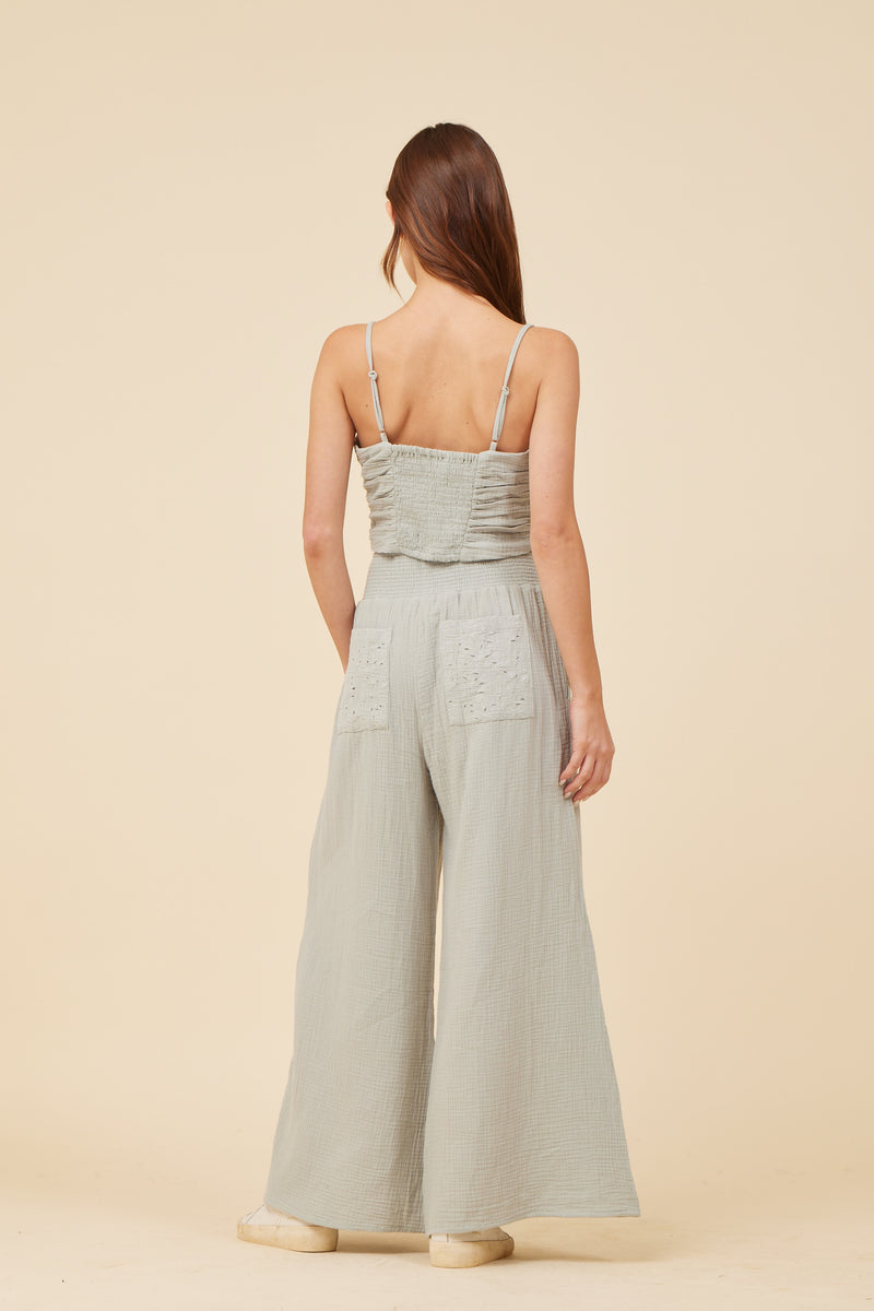 Washed Sage Gauze Eyelet Embroidered Pant