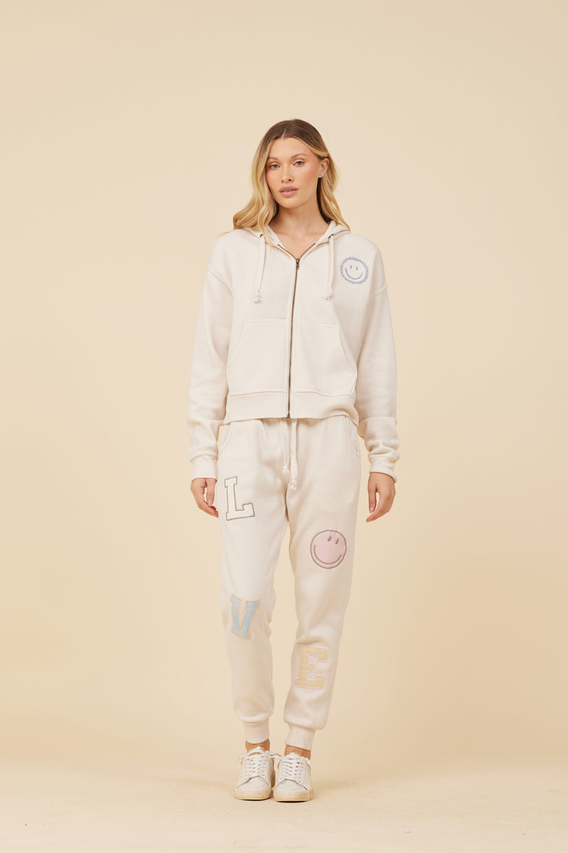 Coconut White W/ Love Smile Patch Embroidery Jogger