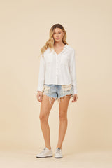 White Button Up Corded Rayon Top
