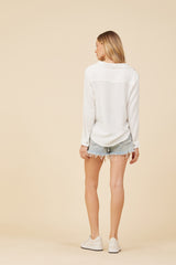 White Button Up Corded Rayon Top