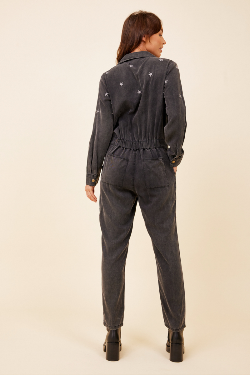 Washed Black Tencel Star Embroidered Jumpsuit