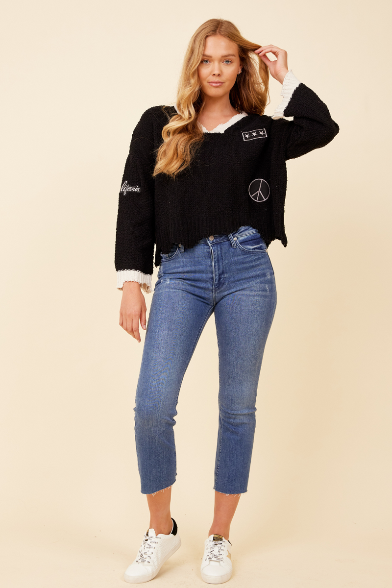 Black Chenille V-Neck Sweater w/ Patches
