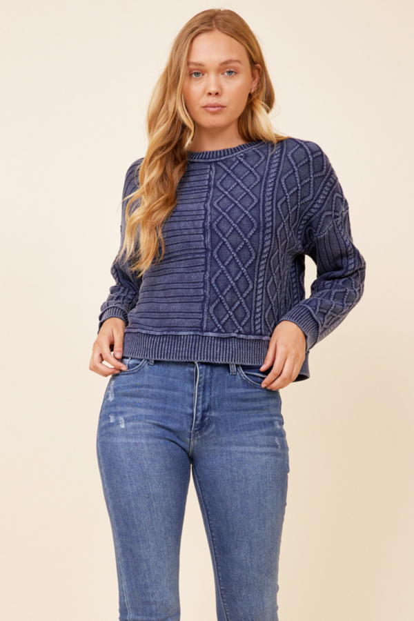 Washed Denim Split Mixed Cable Knit Sweater