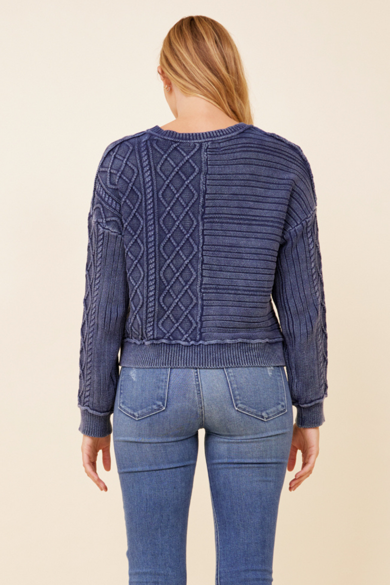 Washed Denim Split Mixed Cable Knit Sweater