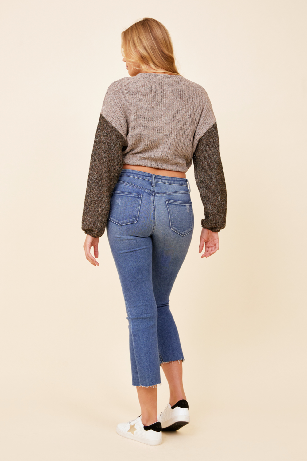 Light Grey w/ Charcoal Tie Front Color Block Sweater