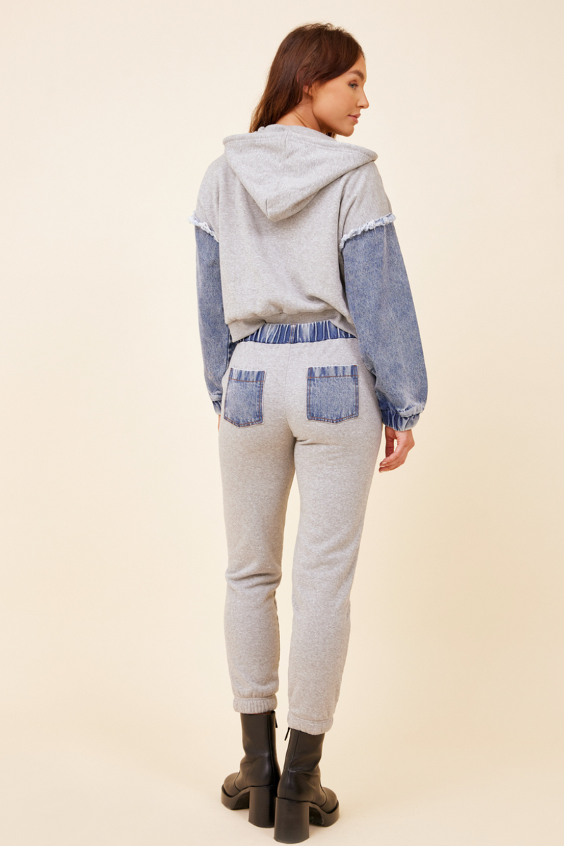 Heathered Grey & Washed Denim Fleece Combo Zip Up Hoodie