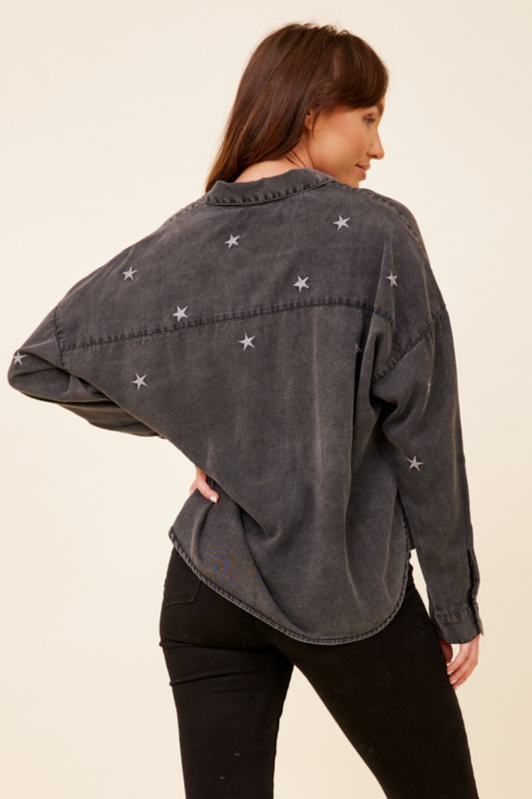 Washed Black Tencel Star Embroidered Shirting