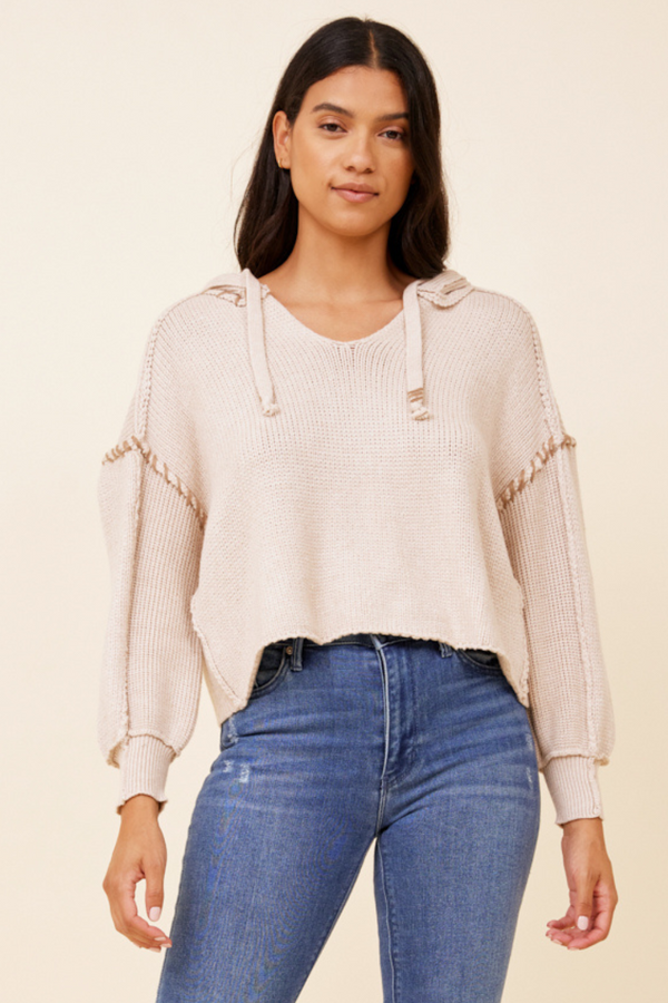 Khaki w/ Light Taupe Whip Stitch Detail Sweater Hoodie