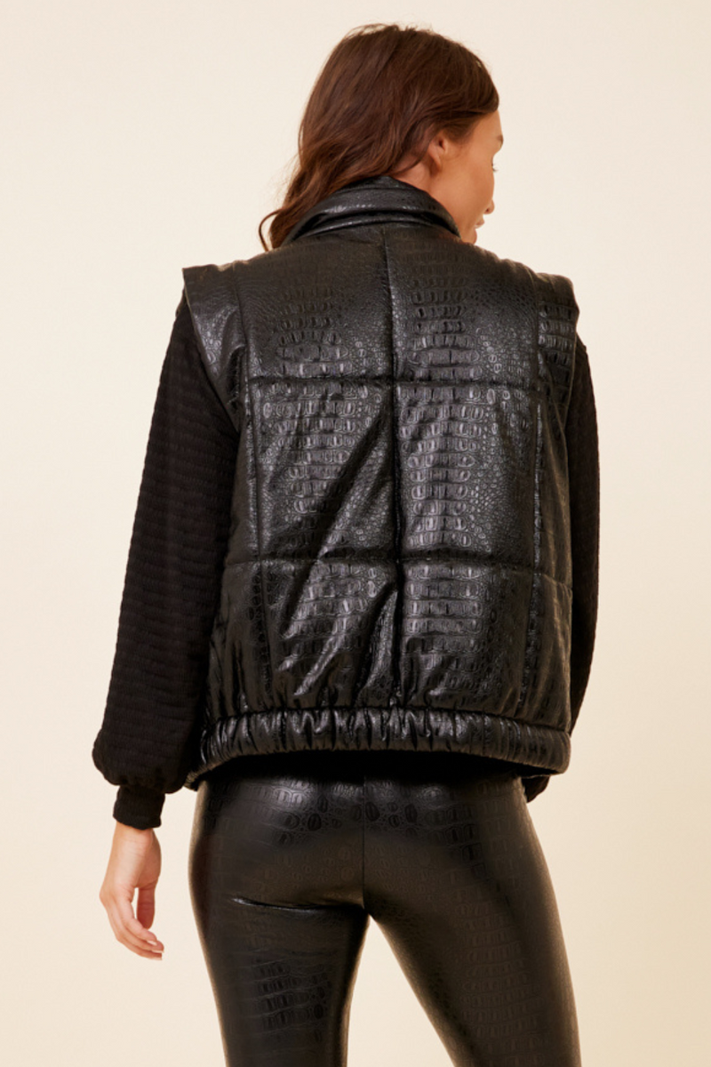 Black Croc Faux Leather Puffer Vest