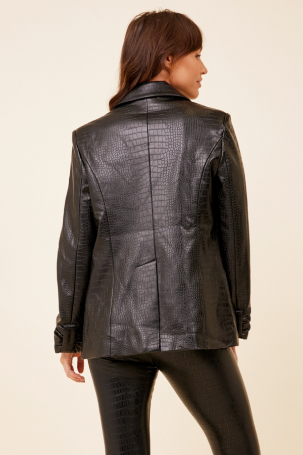 Black Croc Faux Leather Scrunch Sleeve Blazer