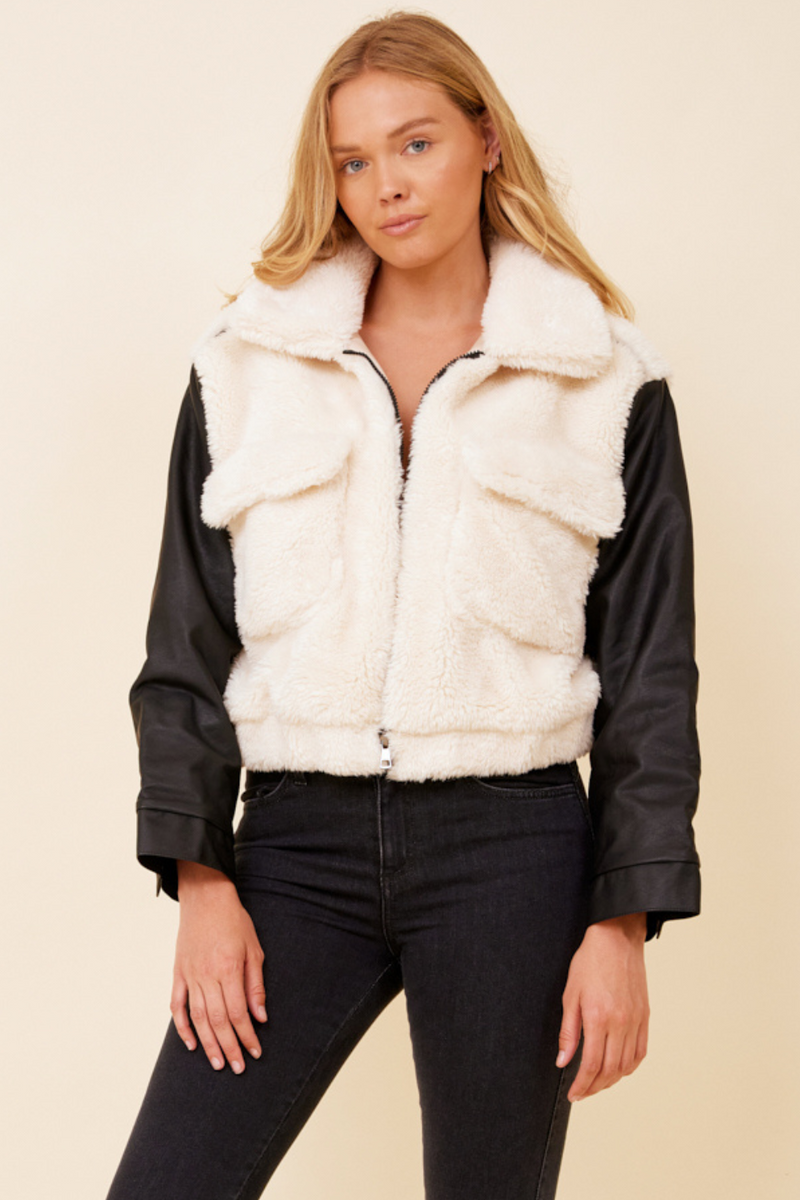 Arctic Wolf Sherpa & Black Faux Leather Mixed Media Bomber