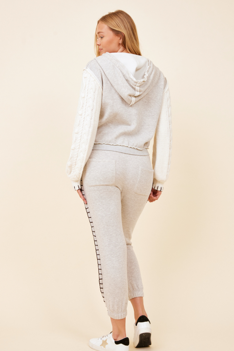Heather Grey & Ivory w/ Chocolate Stitching Novelty Sweater Sleeve Hoodie