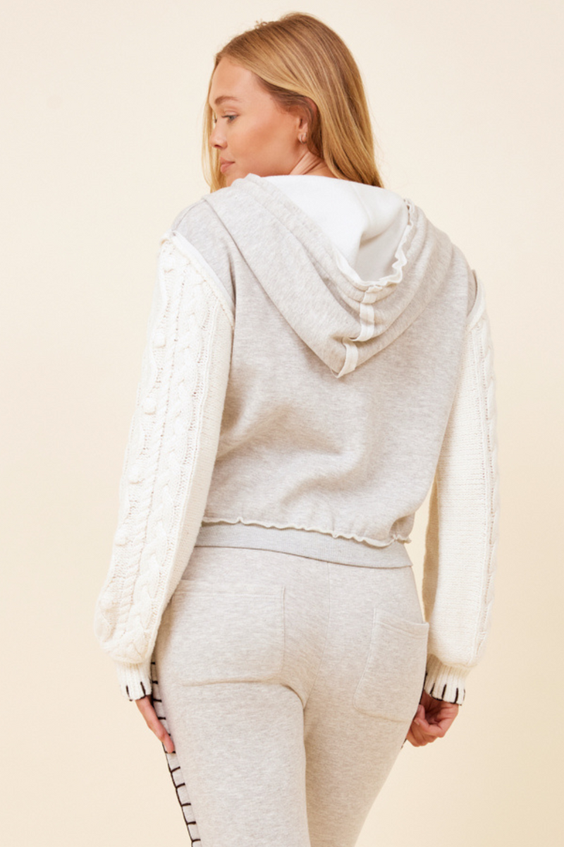 Heather Grey & Ivory w/ Chocolate Stitching Novelty Sweater Sleeve Hoodie