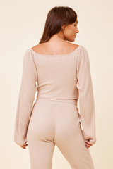 Taupe Double Twist Ribbed Long Sleeve Top