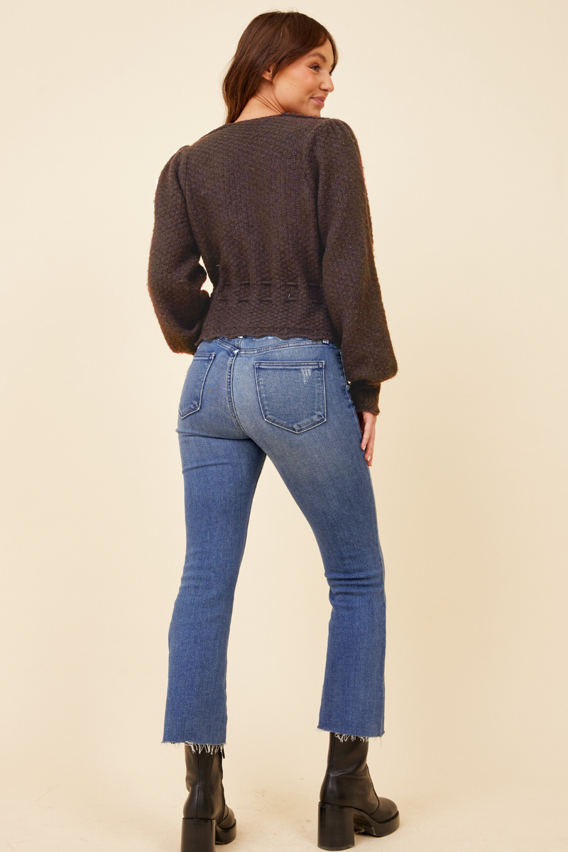 Brown Lace-Up Balloon Sleeve Sweater