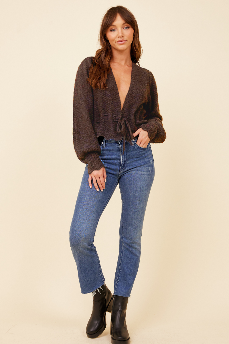 Brown Lace-Up Balloon Sleeve Sweater