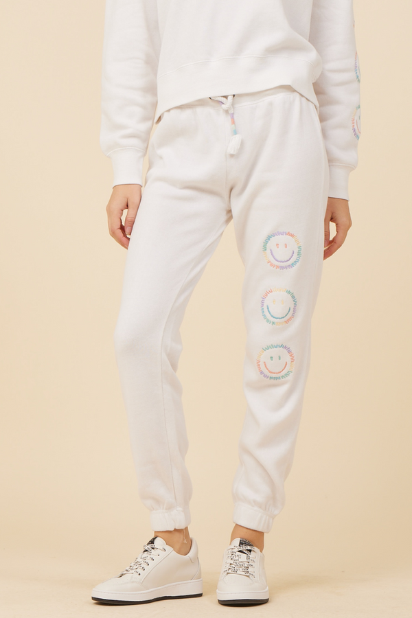 Bright White w/ Sorbet Embroidered Smiley Face Jogger