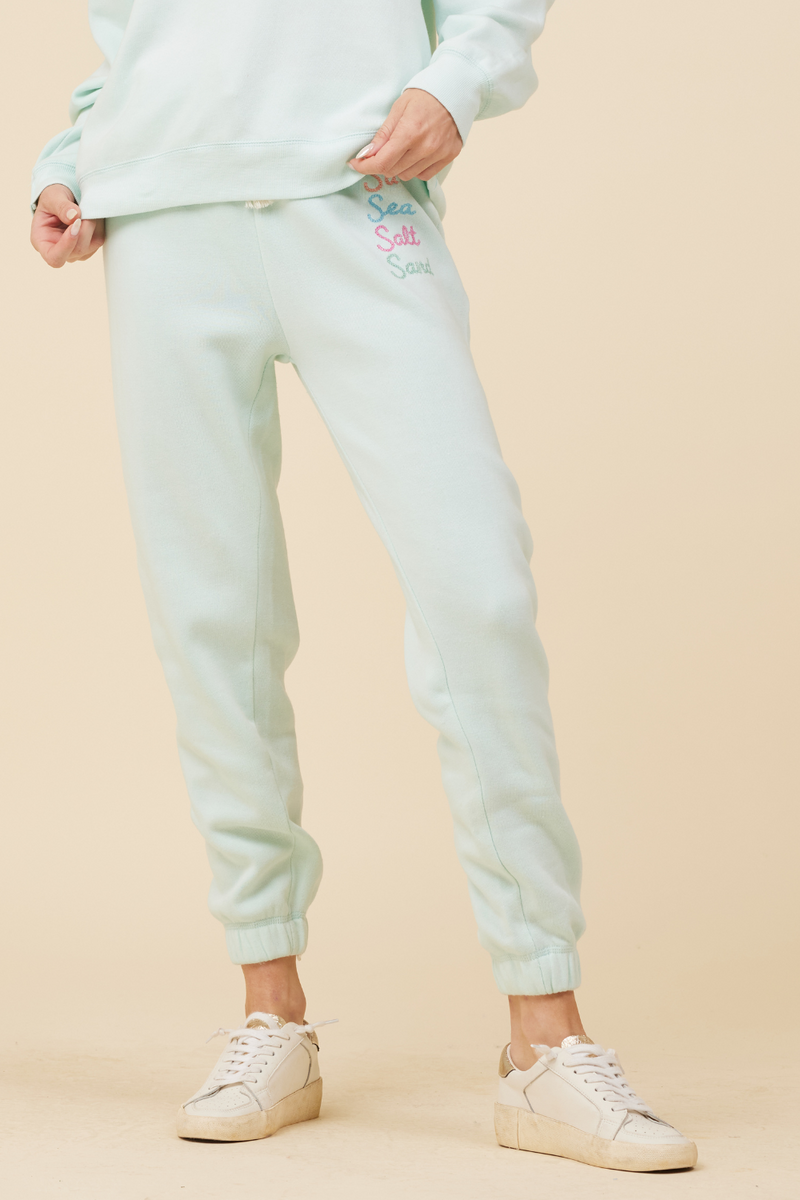 Light Aqua w/ Multicolor Burnout Fleece Embroidered Jogger
