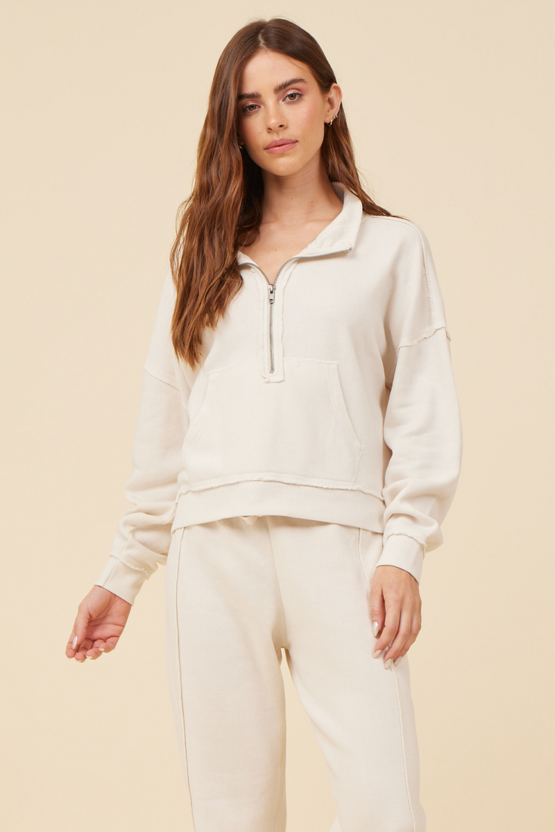 Coconut White Solid Burnout Fleece Quarter Zip Sweatshirt