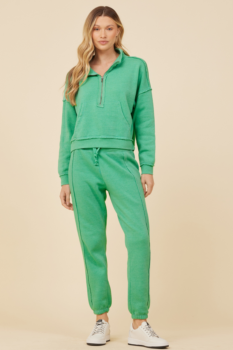 Surf Green White Solid Burnout Fleece Quarter Zip Sweatshirt