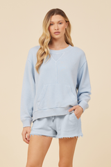 Blue Rain Washed Terry Triangle Rib Crewneck