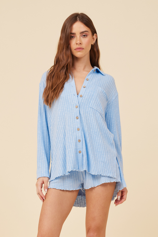 French Blue Rib Button Front Shirt w/ Lettuce Edge