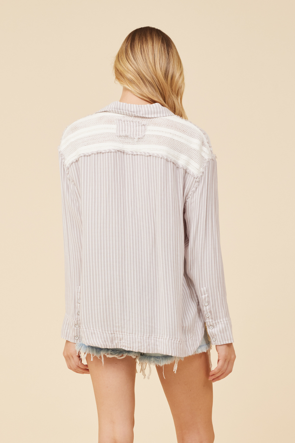 Khaki/ White Stripe W/ Crochet Button Front Shirting Detail
