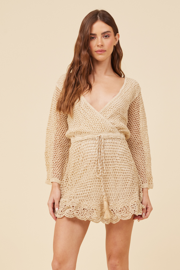 Natural w/ Gold Lurex Scalloped Dress