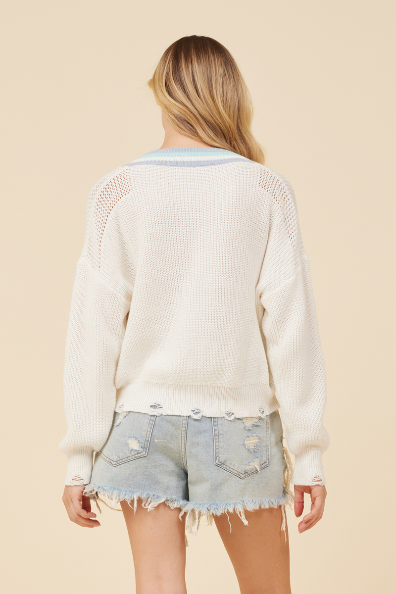 White Dusty Blue Aqua Combo V-neck Sweater