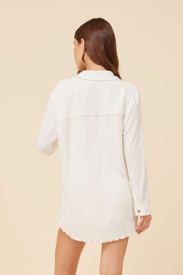 White Rib Button Front Shirt W/ Lettuce Edge