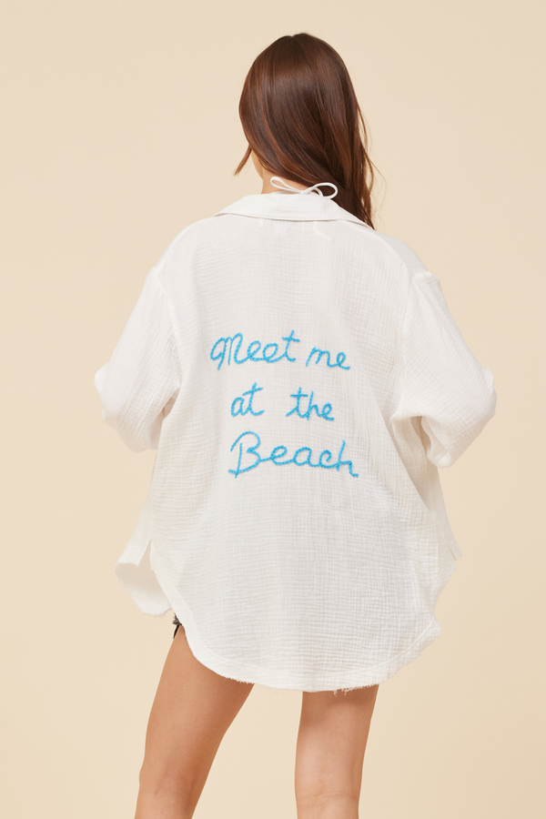 White w/ Blue "Meet Me at the Beach" Gauze Shirting W/ Back Detail