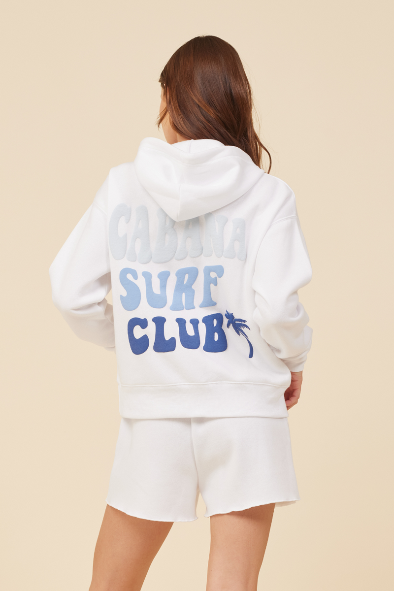 White W/ Multi Blue Puff Print "Cabana Club" Surf Wash Hoodie