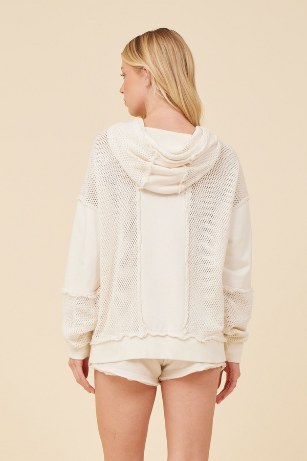 Champagne White French Terry Mesh Crochet Hoodie