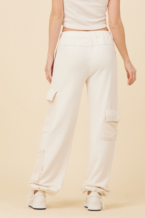 Champagne White French Terry Mesh Cargo Pant