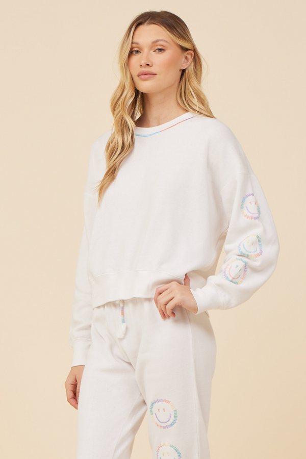Bright White w/ Sorbet Embroidered Smiley Face Crewneck