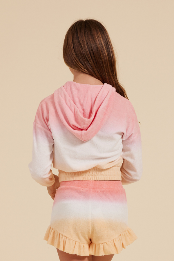 Pink/White/Orange Tie Dye Terry Cloth Elastic Bottom Hoodie