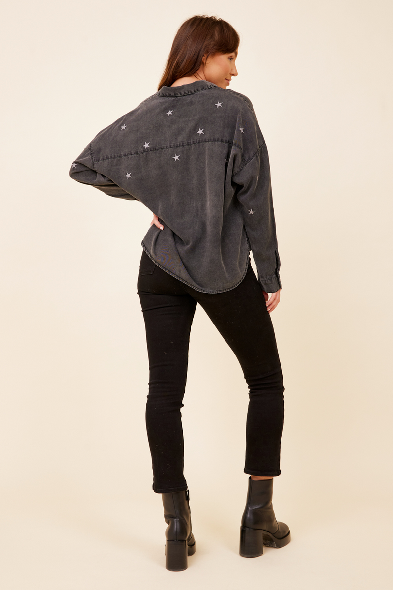 Washed Black Tencel Star Embroidered Shirting