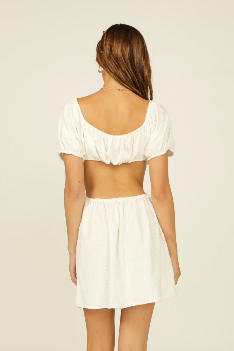 Cream Terry Cloth Cutout Puff Sleeve Dress