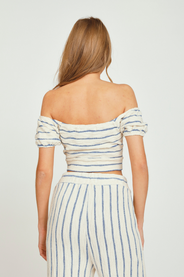 Ivory/Blue Stripe Loopy Knit Puff Sleeve Top