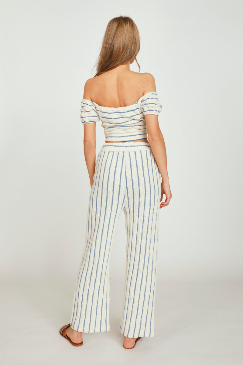 Ivory/Blue Stripe Loopy Knit Puff Sleeve Top