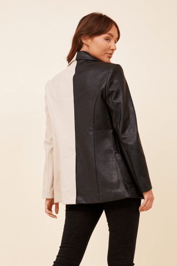 Black and Cream Split Faux Leather Blazer