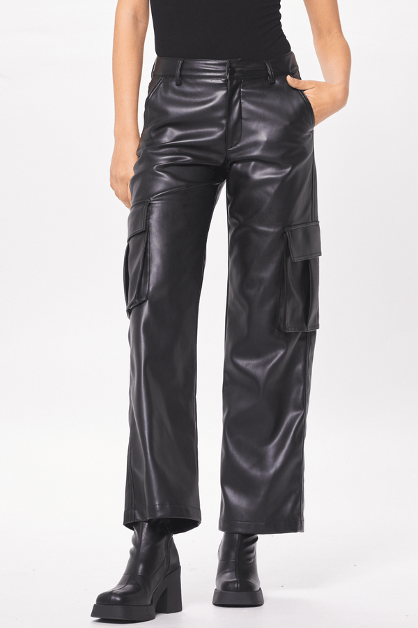 Black Faux Leather Cargo Pant