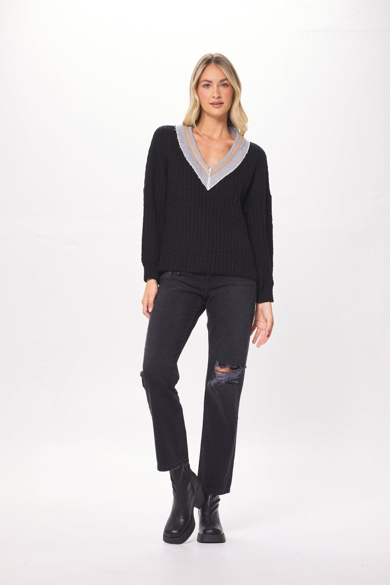 Black & Heather Grey High Low Varsity Sweater