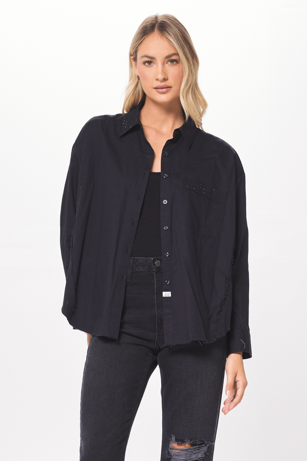 Black Poplin Shirting w/ Rhinestones