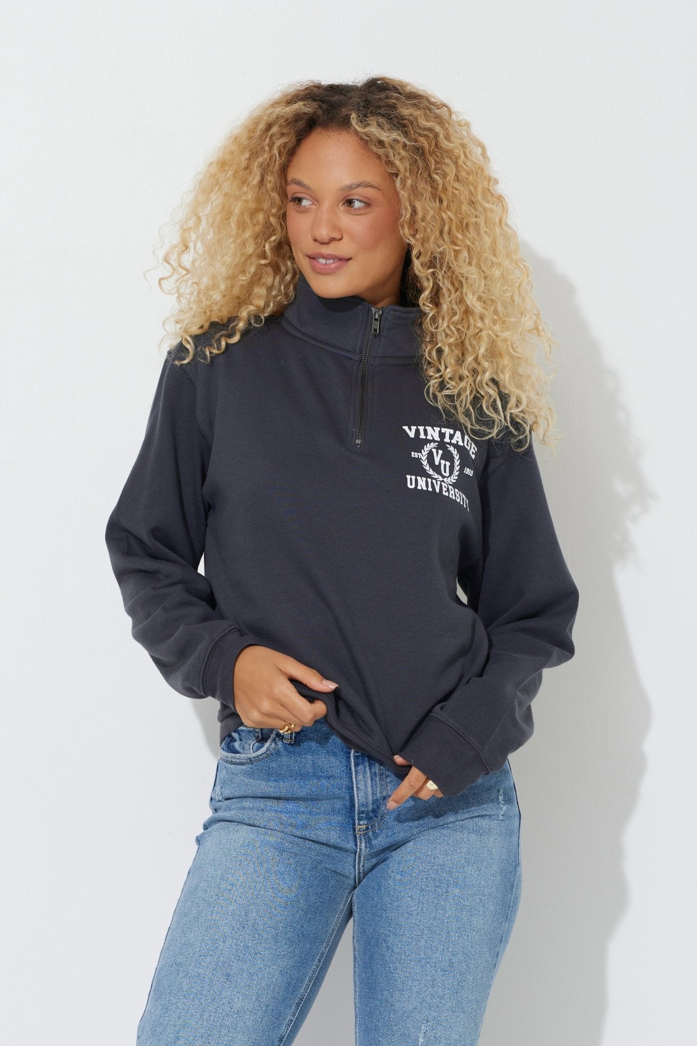 Black "Vintage University" Quarter Pigment Dyed Zip Sweatshirt