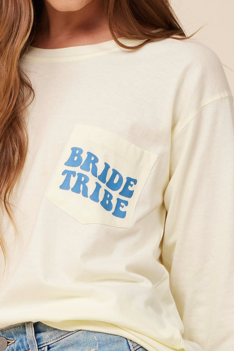 "Bride Tribe" Soft Yellow Wash Long Sleeved Pocket Tee